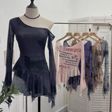Tie Tie Net Yarn Oblique Shoulder Babes Sexy Body-On-Sleeve Horn Irregular Top 9955