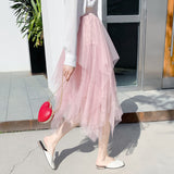 Irregular Net Yarn Half Dress Woman's Long Mid-Term 2025 Spring New Yarn Skirt High-Waisted Thin Dress