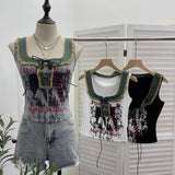 Real Shooting Hottie Hairy Denim Spliced Printed Vest With Bows Short Sleeveless Top 8926
