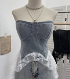 Real Shot With Chest Cushion Denim Splicing Lace Ribbon Irregular Thoracic Coat Short Strap Strap Vest 2739