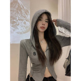 Double Zipper Embroidered Long-Sleeved T-Shirt Girl Early Spring Pure Hot Girl Sexy Short Hooded Blouse Inside The Bottom Shirt