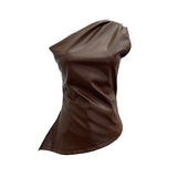 Sexy One-Shoulder Sleeveless Vest Pu Leather Side Zipper Repair Short Sleeveless Top 8116