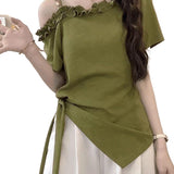 2026 Summer New Slanted Shoulder Side Short-Sleeved T-Shirt Lady Slimming Tie To Collect Pure Lustful Blouse