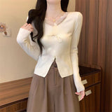 Lace Fashion New Splicing V-Neck 2025 Coat Bow Tie With Waist-Up Small Jersey Knitwear