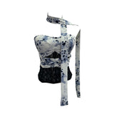 Real Shot Lace Spliced Leopard Hanging Neck Sling Waistcoat With Bra Pad Hottie Short Sleeveless Top 8108