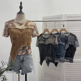 Real Shooting Of The Edge Of The Denim Splicing Tie Dye Mesh Repair Irregular Two Short-Sleeved Top T-Shirt 26171