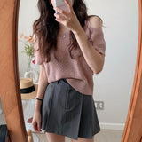 South Korea Dongdaemun 2026 Summer New Sweet Open Shoulder Thin Solid Color Loose Knit Shirt Top