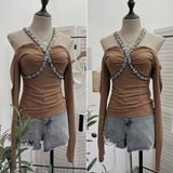Real Shooting Heavy Industry Drill Hanging Neck With A Word Shoulder Long-Sleeved Top Repair Slim Short-Bottomed T-Shirt
