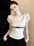 Korean Sweet Bubble Sleeve T-Shirt Girl New Collar Lace Splicing Bow Repair Slim Thin Short Sleeve Top Tide