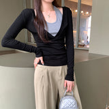 Lyselle Tiansi Small Design Fake Two Hanging Neck Long-Sleeved T-Shirt Women 2025 New Early Autumn Single Wear Clothes