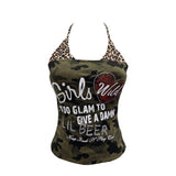 Real Shooting Babes Leopard Print Fake Two Sling Vest With Chest Cushion Hanging Neck Short Top 1592