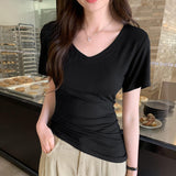 Simple V-Neck Slime Short-Sleeved T-Shirt For Women 2025 Spring And Summer New Ins Shoulder Black Casual Thin Top