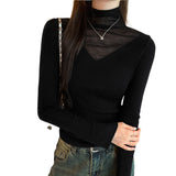 2026 Early Spring Real-Etle Temperament Tulle Splicing High-Necked Wool Bottoming Knitted Autumn Gentle Fragrant Blouse