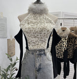 Real Shooting Leopard-Print Hair Hanging Neck High Shoulder Long-Sleeved T-Shirt Female Spliced Retro Hottie Short Top 2812-1
