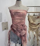 Tie Dyed Lotus Leaf Edge Mesh Shaft Irregular Ribbon Thin Belt Wrapped Bra Vest Top 9956