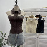 Real Shot With Chest Pad Hanging Neck Sling Vest Babes Design Pu Skin Tight Short Sleeveless Top Woman 1359