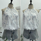 Net Yarn Splicing Printing New Chinese Style Collared With Hanging Neck Buckle Shirt Small Slap Short Vest 9127