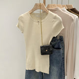 Spring And Summer New Leisure Round Collar Solid Color Repair Elastic Knitting T-Shirt Girl