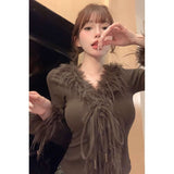 Thai Women's Slightly Fat MM Autumn And Winter New Atmosphere T-Shirt V-Neck Temperament Strapped Cardigan High-End Feel Inside The Top