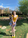 Dopamine Yellow U Collar Top Shredded Flower Skirt Suit Women Summer Age Reduction Thin Holiday Wind Two Sets Of Women