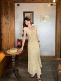 Design Sense V-Necked Flower Short-Sleeved Dress Women's Summer Niche Slim Waist Long Dress Gentle Style Dress
