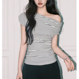 2025 Korean Version Of The Simple Unique Summer Short-Sleeved T-Shirt Women's Design Sense Of Niche Oblique Shoulder Thin Striped French Top