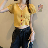 Summer New Korean Button Design Short-Sleeved Set Thin Knit T-Shirt Girl Skinny Umbilled Short Top