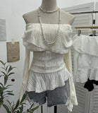 The Ballet Style Shoulder Fold Texture Texture Coat Irregularly Ribbon Horn Sleeve Short Shirt 1158