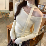 Black Neck With Knitted Bottom Shirt Women's Autumn And Winter New Super Good-Looking Open Shoulder Sweater Slanted Shoulder