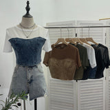 2025 Summer Denim Splicing Mesh Yarn Short-Sleeved T-Shirt Design Fake Two Hot Girl Short Top 26231