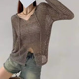 Loose Hollow Knitted Shirt Design Long-Sleeved Top Women Spring Summer New Open Fork Hooded Shirt Niche Blouse Tide