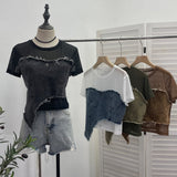Solid Shooting Denim Splicing Mesh Yarn Short-Sleeved T-Shirt Summer Dress Irregularly Short High-Waist Repair Body Coat 26171