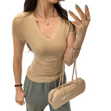 Lyselle Tian Silk Wool Fried Street Unique Beautiful V-Neck Short-Sleeved T-Shirt For Girls Summer This Year's Popular Explosive Top