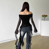 2025 Sweet Spicy Sister Wind Lotus Leaf Side Splicing A Word Shoulder Long-Sleeved T-Shirt Girl Slimmed Hottie Autumn Dress