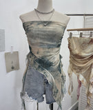 Tie Dyed Lotus Leaf Edge Mesh Shaft Irregular Ribbon Thin Belt Wrapped Bra Vest Top 9956