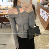 Black Neck With Knitted Bottom Shirt Women's Autumn And Winter New Super Good-Looking Open Shoulder Sweater Slanted Shoulder