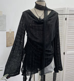 Real Shooting Wasteland Wind Irregular Ribbon Hollow Hole Knitted Shirt Collar Loose Long-Sleeved T-Shirt 9277