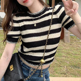 Sweet Hottie Black And White Striped Shoulder Short Sleeve T-Shirt Girl Summer Hollow Niche Knitted Shirt High-Waist Sexy Short Top