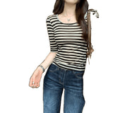 Direct Sales Lyselle Tiansi Design Stripe Bumpy Short-Sleeved T-Shirt Women's Commuting Summer New Beautiful Top