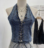 Real Shoot Water Wash Denim Front Open Lashing Neck Bare Back Small Sling Vest Deep V Spice Girls Short Blouse 2852