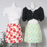 Oil Painting Print High-Rise Half-Dress Anti-Light A-Word Bag Babes Holiday Broken Flower Short Skirt Female 6116