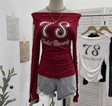 Spice Girl Sports Wind One-Word Shoulder Printed Lace Long Sleeve T-Shirt 1291