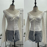 Real Shooting Merard Wind Strapted Bow Splicing Lace Pure Desire Blouse Folding Body Short Blouse 6015