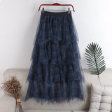 Color Lattice Irregular Multi-Layer Mesh Cake Skirt Women's Autumn And Winter New High Waist Hanging Feeling Long Half-Body Skirt