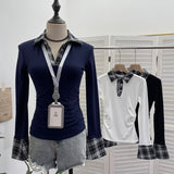 Vintage Check-In Polo Collar Spliced Long-Sleeved T-Shirt Grinder Slimy Wrinkle Bottom Shirt 1390