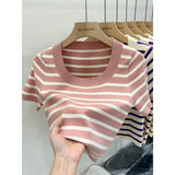 Striped Knitted Short Sleeve Fresh Sweet Simple Design Small Top Lady 2025 Summer New Fashion