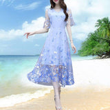 High-End Dress 2025 New Super Fairy Dress Summer Yang Printing Belly Embroidery Mesh Skirt
