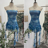 Real Shooting Hottie Sexy Shoulder Irregular Lotus Side Ribbon Bram Repair Print Sleeveless Top 1228