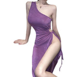 Slanted Shoulder Sloping Belt Long Skirt Pure Summer Money To Open The Forked Ass Dress Woman