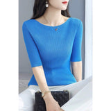 High-Grade Black Shoulder Round-Neck Short-Sleeved Knitted Shirt Women's New 2026 Summer Shoulder Ice Refresher Bottom Top